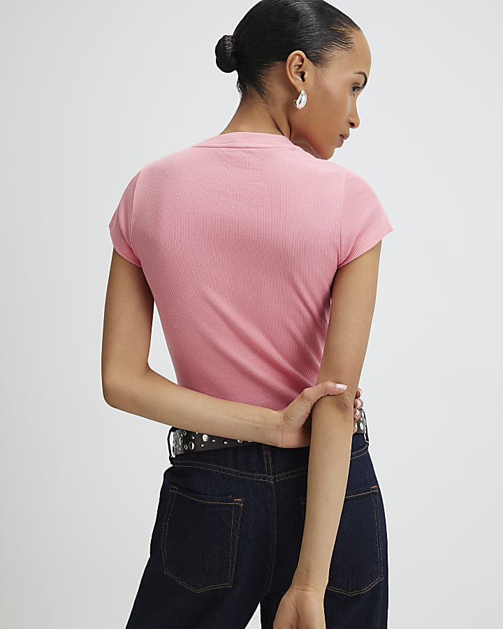 River Island Pink Short Sleeve Fitted Ribbed T-shirt