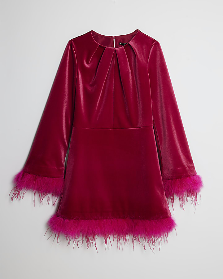 river island Pink Velvet Long Sleeve Feather Trim Dress