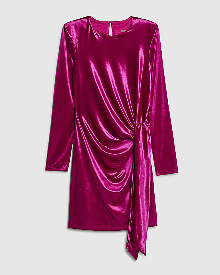 river island Pink Velvet Long Sleeve Tie Side Mini Dress
