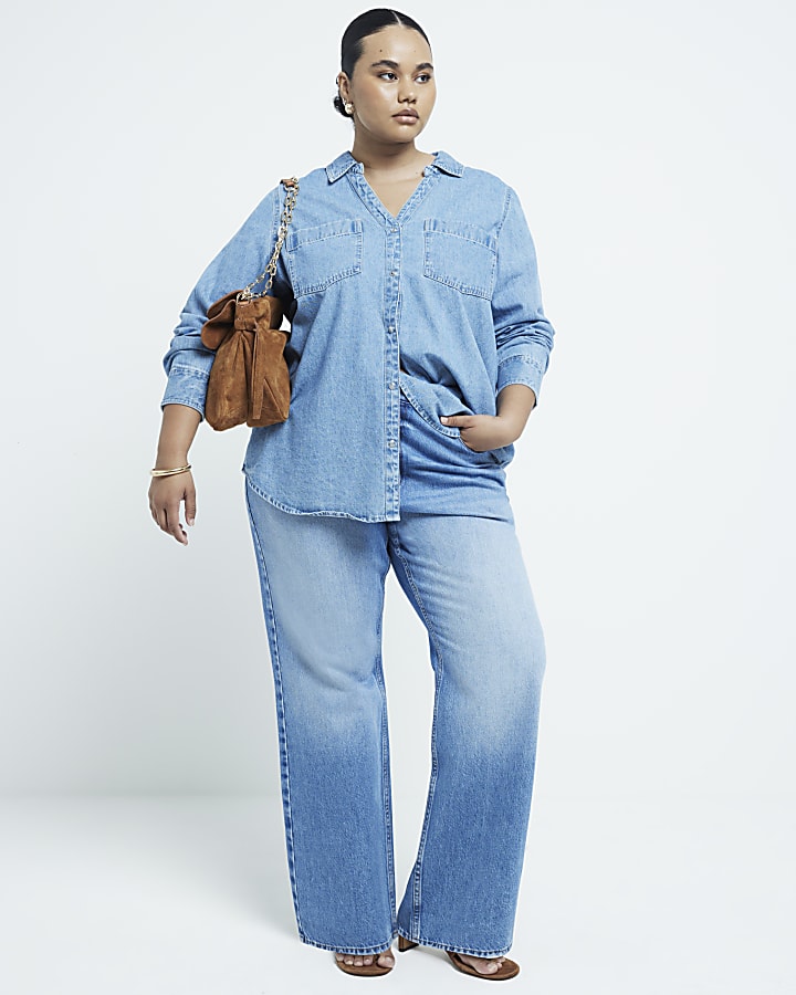 River Island Plus Blue High Waisted Straight Leg Jeans
