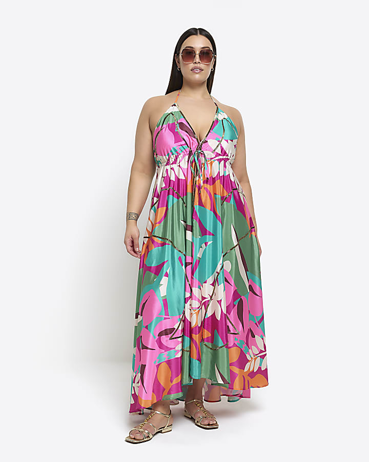 River Island Plus Purple Floral Open Back Beach Maxi Dress