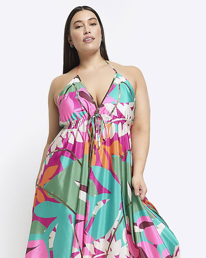 river island Plus purple floral open back beach maxi dress