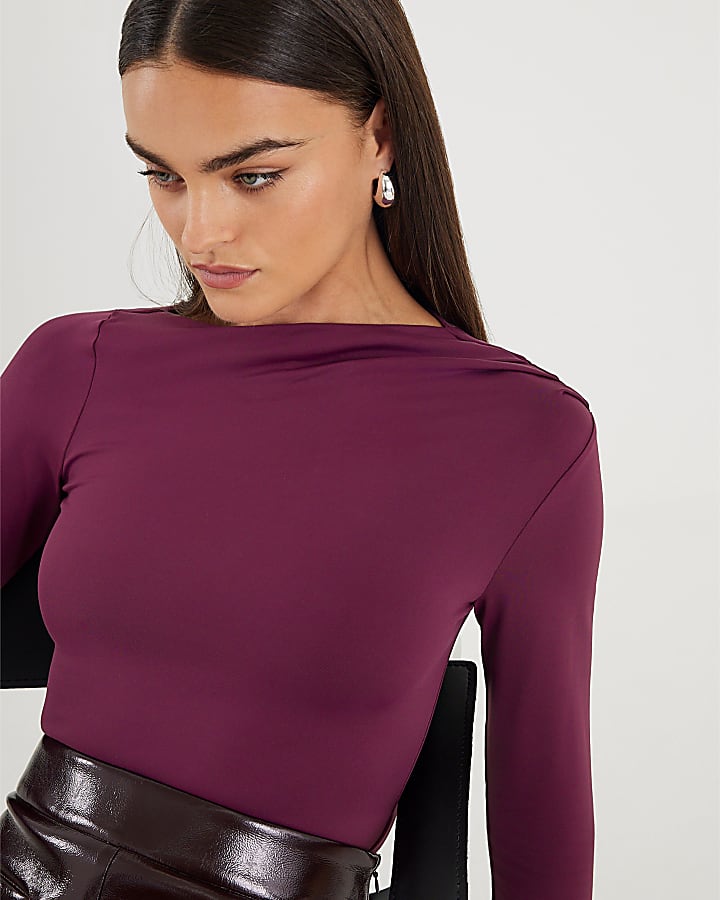 River Island Purple Long Sleeve Slash Neck Bodysuit