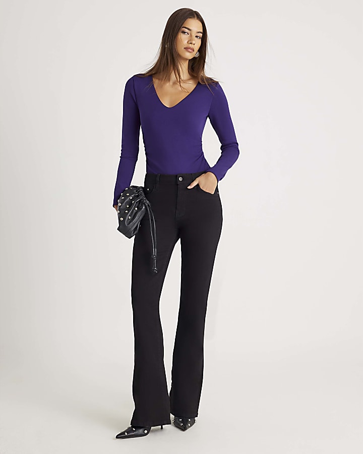 River Island Purple Long Sleeve V Neck Ruched Bodysuit
