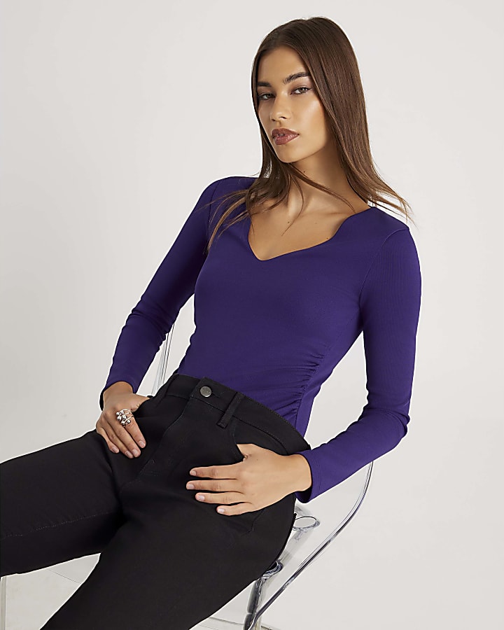 River Island Purple Long Sleeve V Neck Ruched Bodysuit