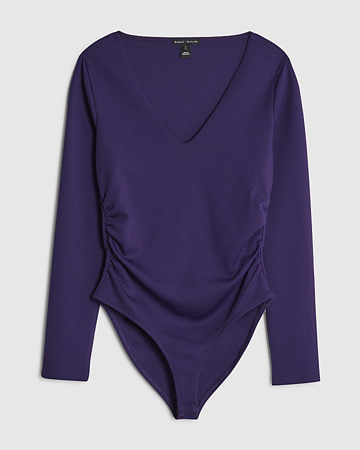 river island Purple Long Sleeve V Neck Ruched Bodysuit