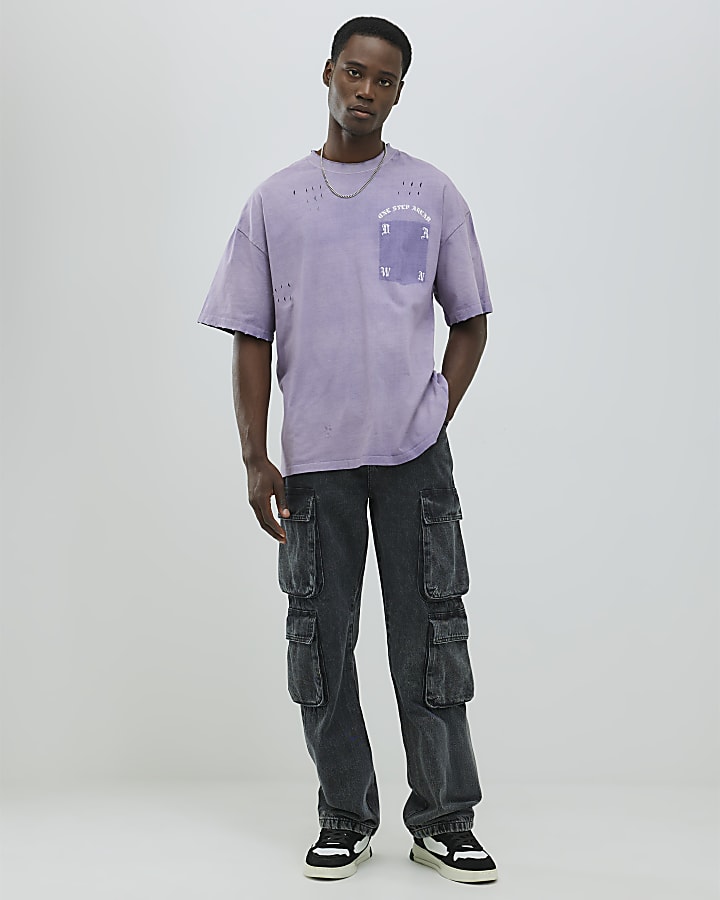River Island Purple Oversized Distressed Pocket T-Shirt