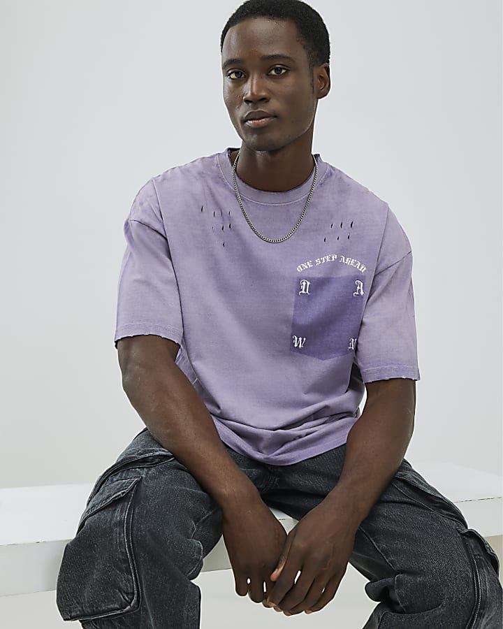 River Island Purple Oversized Distressed Pocket T-Shirt