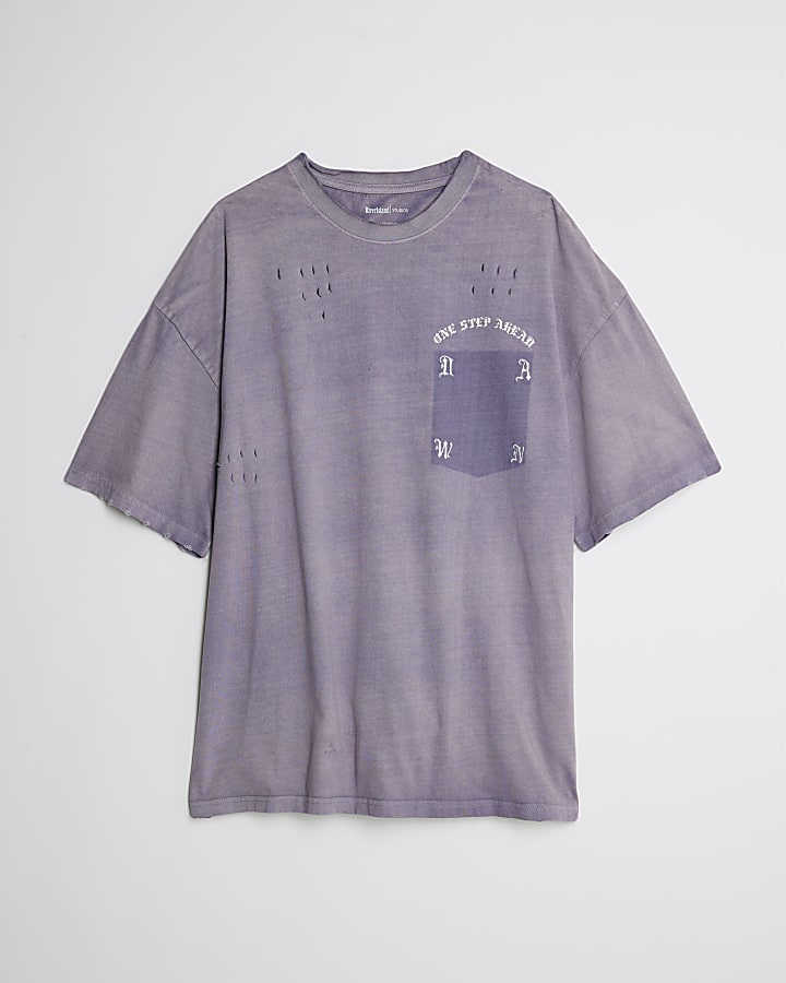 river island Purple Oversized Distressed Pocket T-Shirt