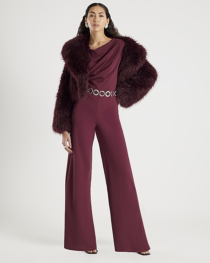 River Island Purple Short Sleeve Asymmetric Drape Jumpsuit