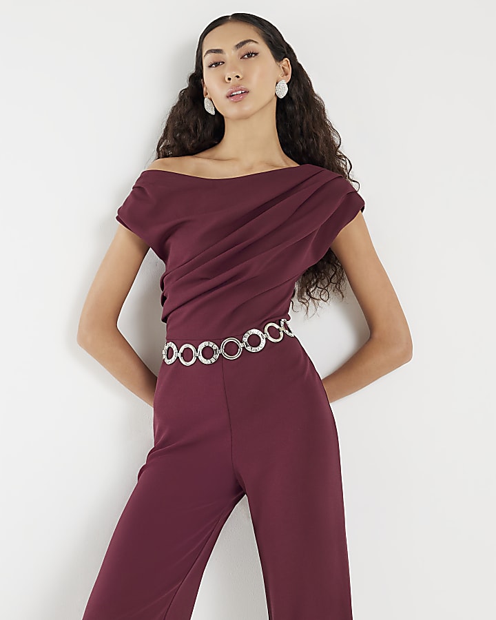 River Island Purple Short Sleeve Asymmetric Drape Jumpsuit