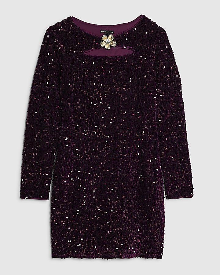 river island Purple Velvet Long Sleeve Cut Out Mini Dress