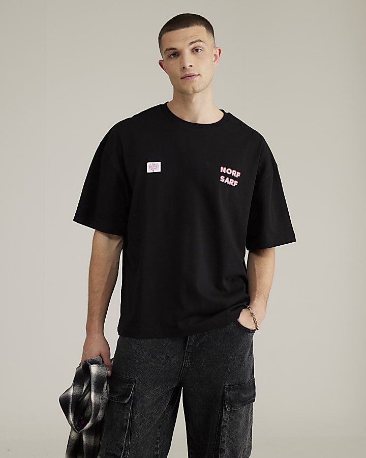 River Island Real Hackney Dave Black Norf Sarf T-Shirt