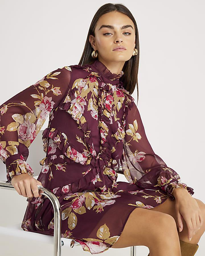 River Island Red Chiffon Floral Long Sleeve Mini Dress