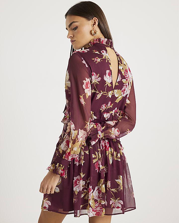 River Island Red Chiffon Floral Long Sleeve Mini Dress