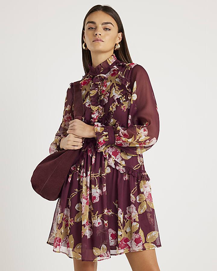 River Island Red Chiffon Floral Long Sleeve Mini Dress