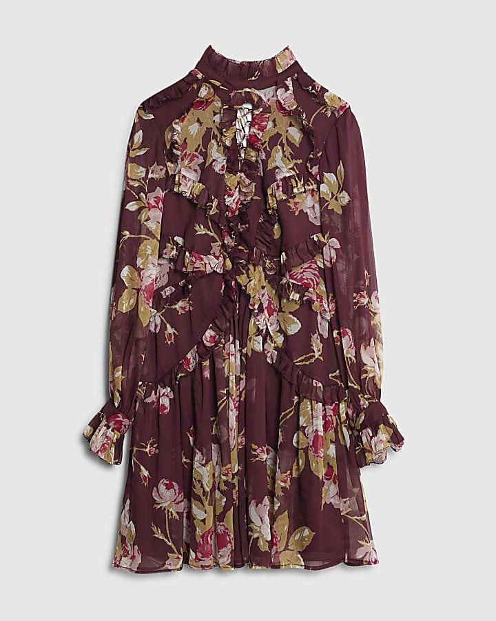 river island Red Chiffon Floral Long Sleeve Mini Dress