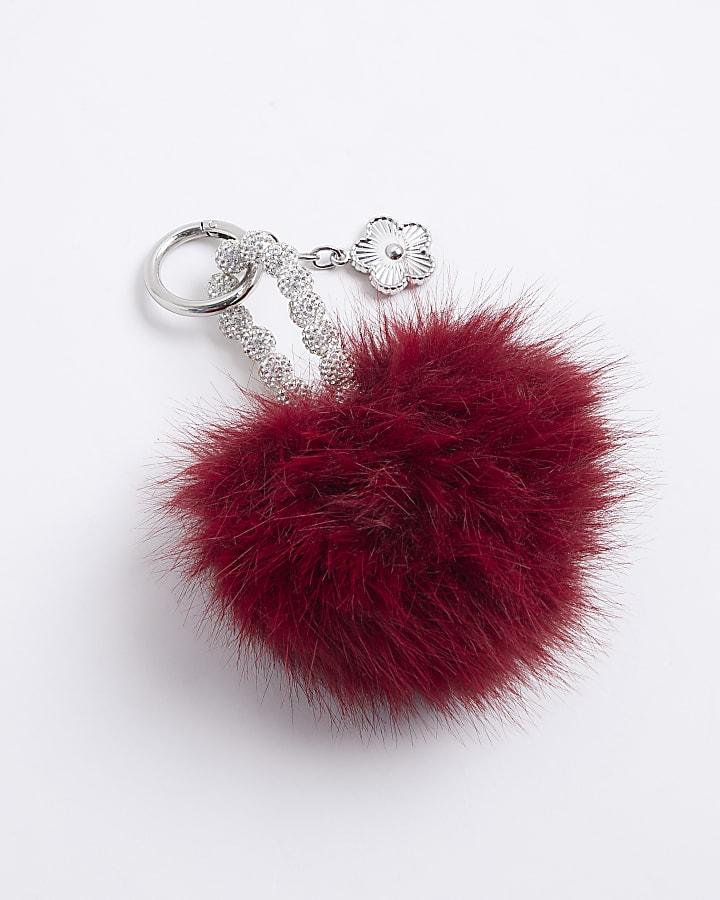 River Island Red Faux Fur Pompom Diamante Bag Charm