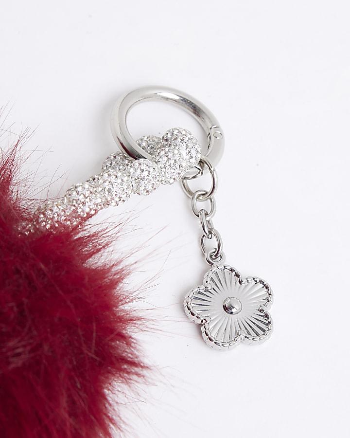 River Island Red Faux Fur Pompom Diamante Bag Charm