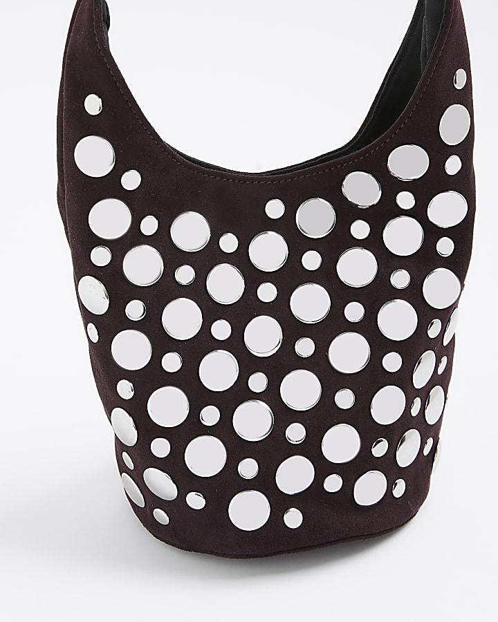 River Island Red Faux Suede Studded Bucket Shoulder Bag