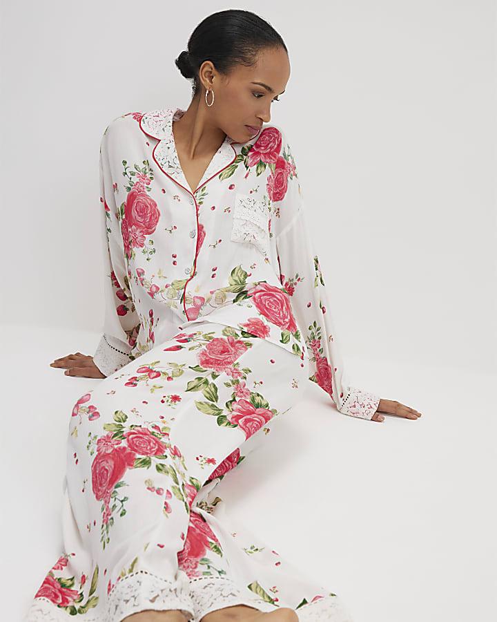 River Island Red Floral Shirt And Trousers Pyjama Set