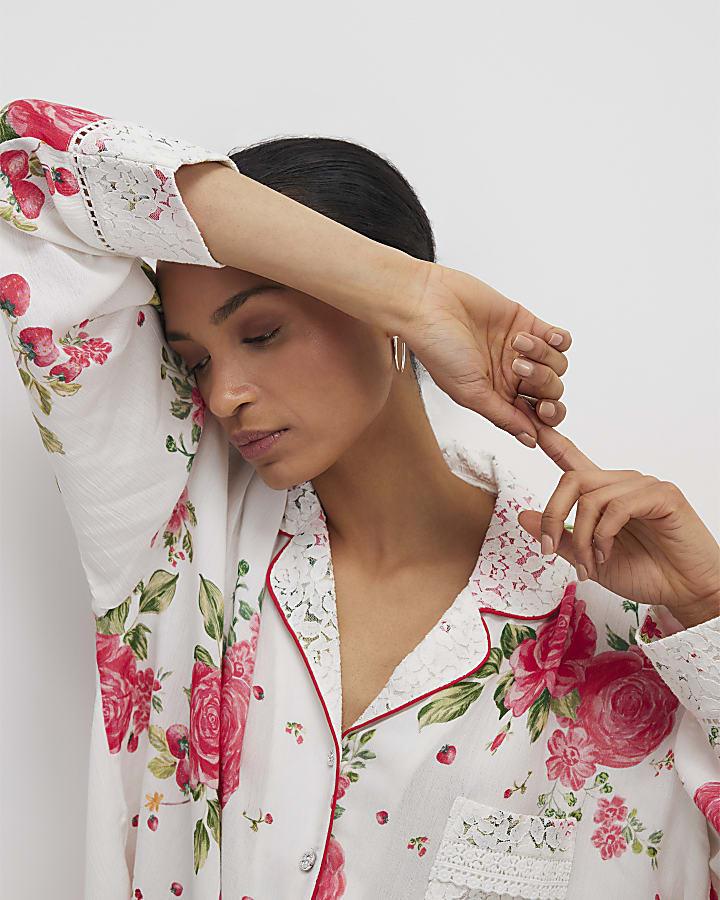 River Island Red Floral Shirt And Trousers Pyjama Set
