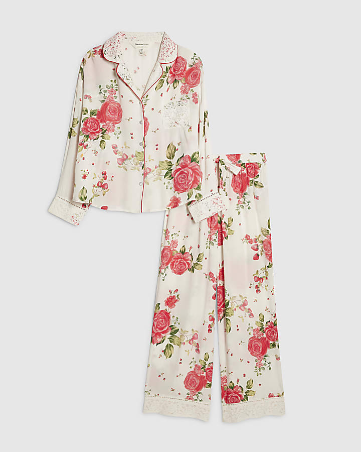 river island Red Floral Shirt and Trousers Pyjama Set