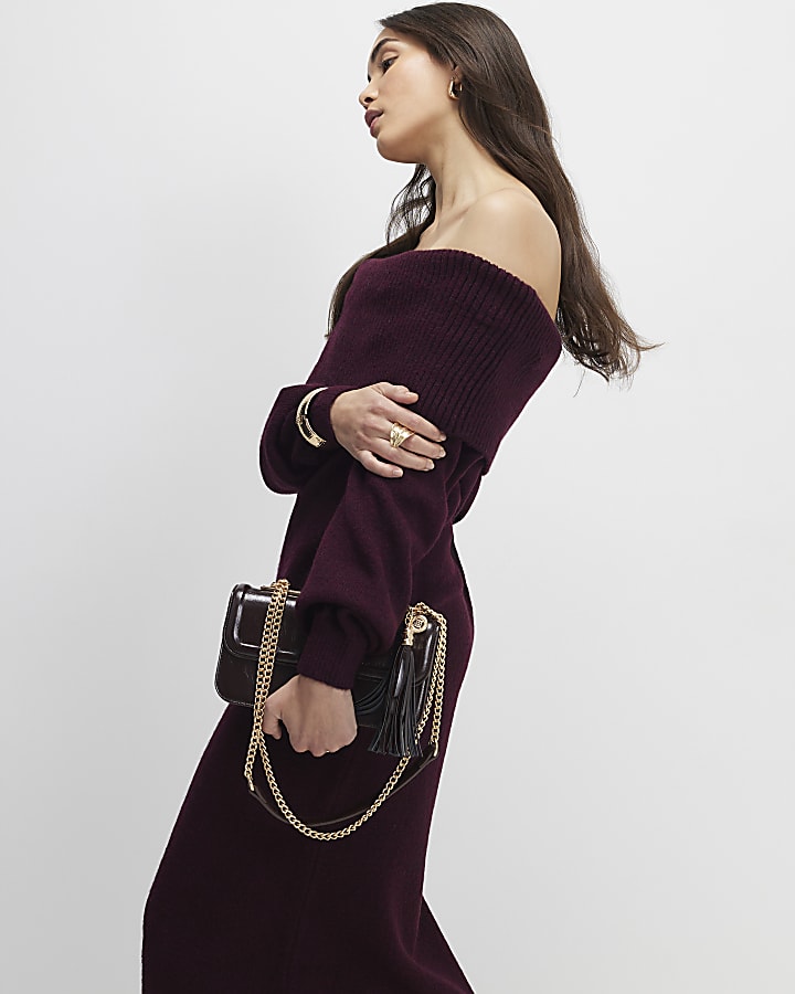 River Island Red Knit Long Sleeve Bardot Midi Dress