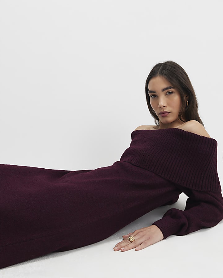 River Island Red Knit Long Sleeve Bardot Midi Dress