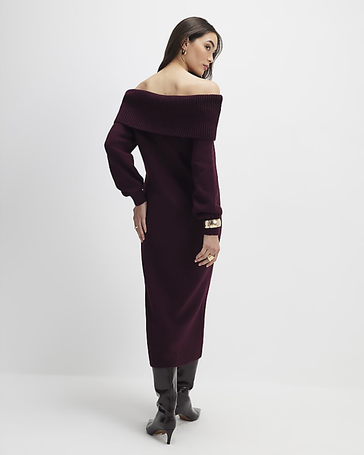 River Island Red Knit Long Sleeve Bardot Midi Dress