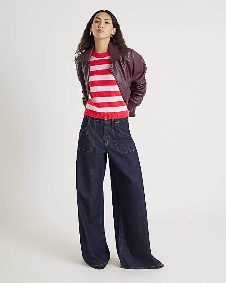 River Island Red Knitted Stripe Heart Button Jumper