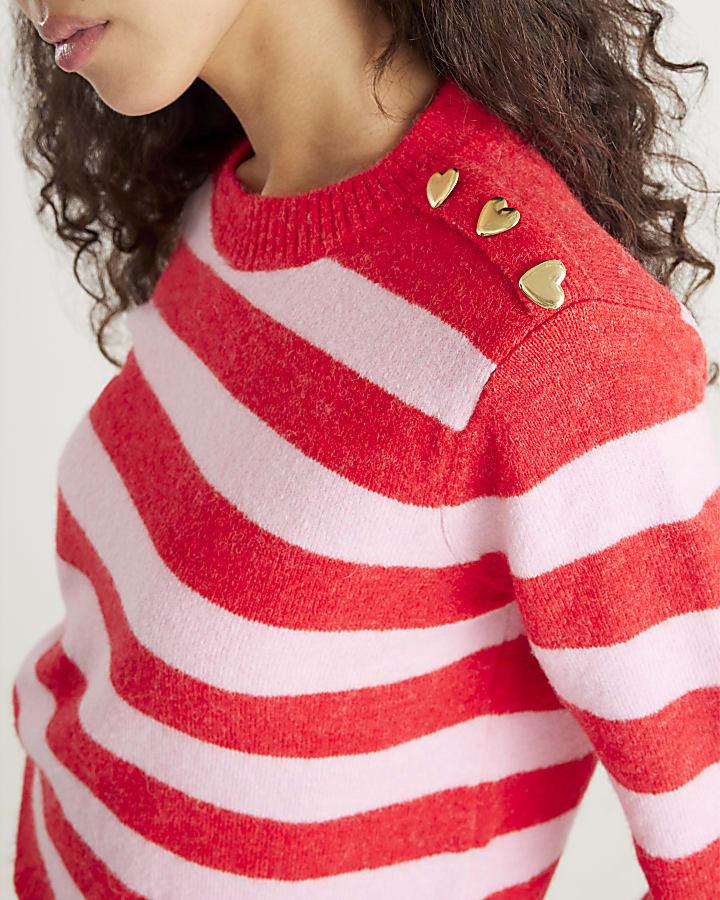 River Island Red Knitted Stripe Heart Button Jumper