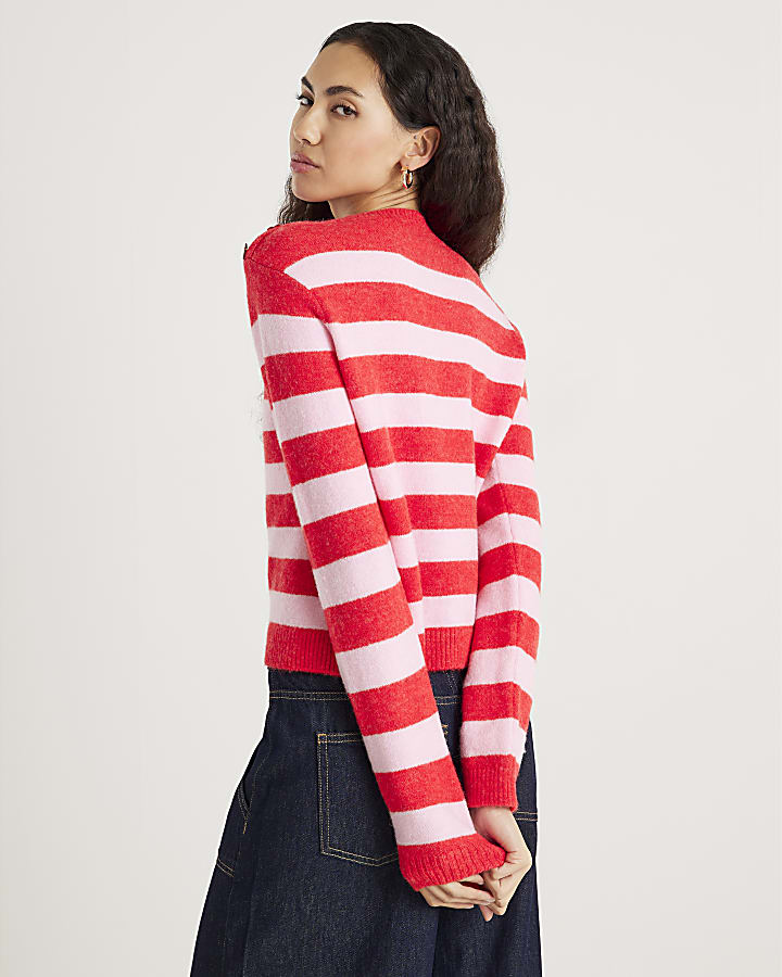 River Island Red Knitted Stripe Heart Button Jumper