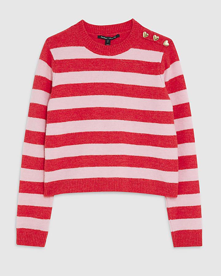 river island Red Knitted Stripe Heart Button Jumper