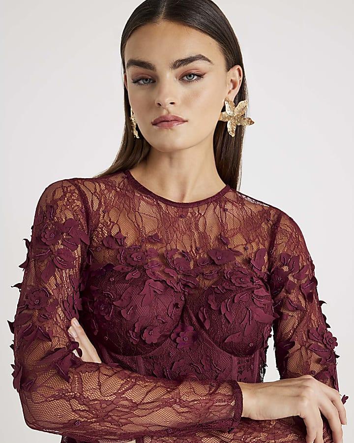River Island Red Lace Long Sleeve Embellished Mini Dress