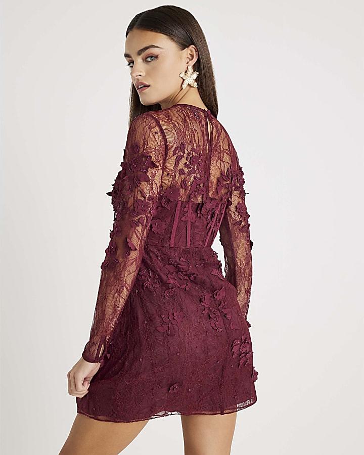 River Island Red Lace Long Sleeve Embellished Mini Dress