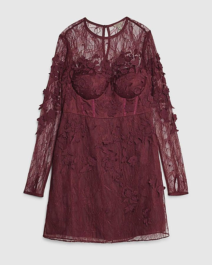 river island Red Lace Long Sleeve Embellished Mini Dress