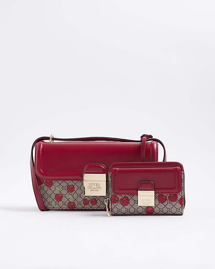River Island Red Lock Cherry Monogram Satchel Bag Bundle