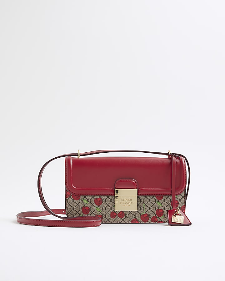 River Island Red Lock Front Monogram Cherry Satchel Bag