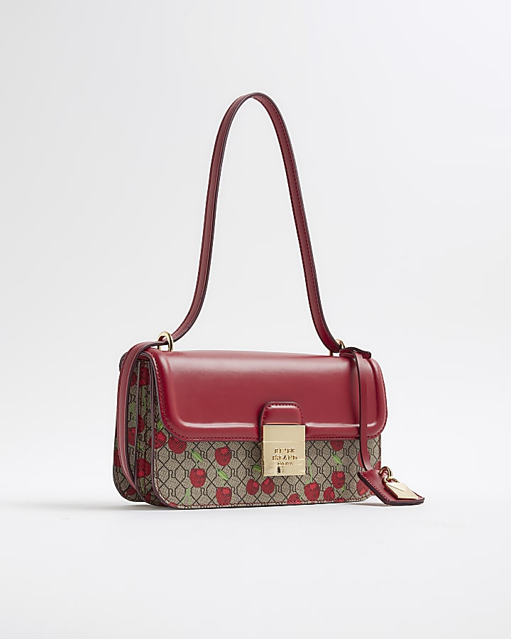 River Island Red Lock Front Monogram Cherry Satchel Bag