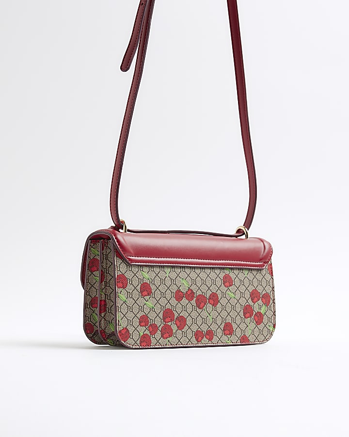 River Island Red Lock Front Monogram Cherry Satchel Bag