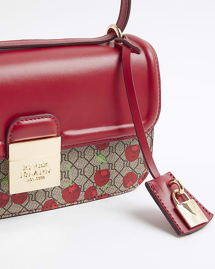 river island Red Lock Front Monogram Cherry Satchel Bag