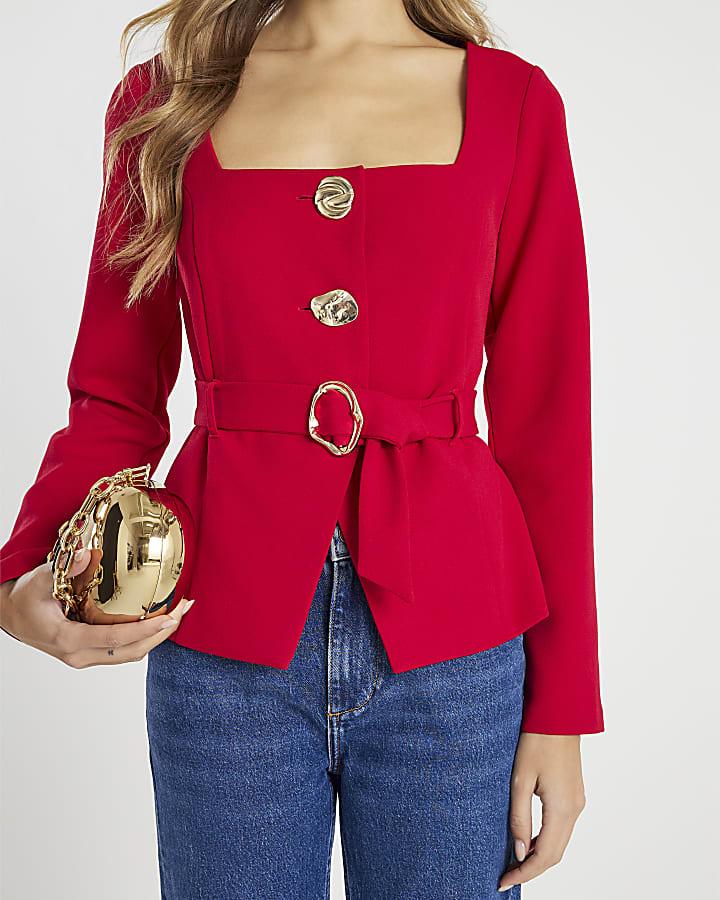 River Island Red Long Sleeve Belted Mixed Button Blazer