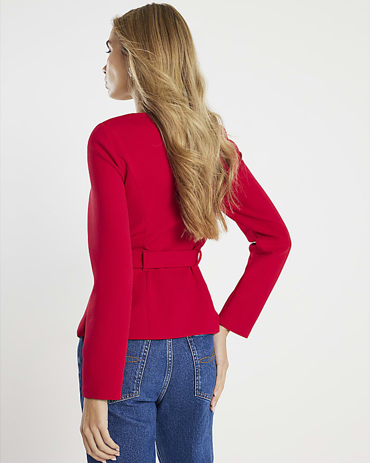 River Island Red Long Sleeve Belted Mixed Button Blazer
