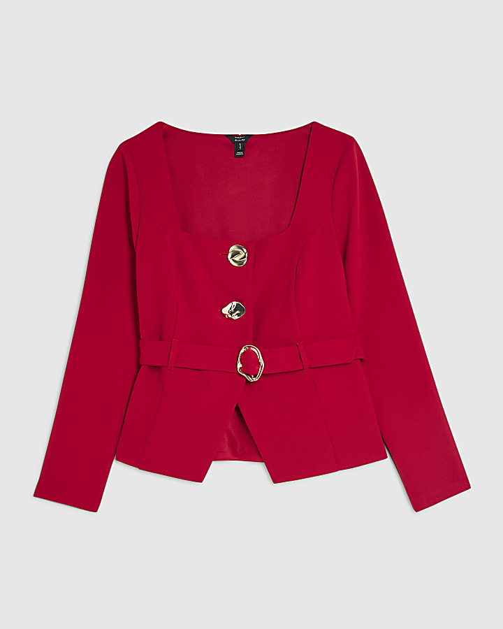 river island Red Long Sleeve Belted Mixed Button Blazer
