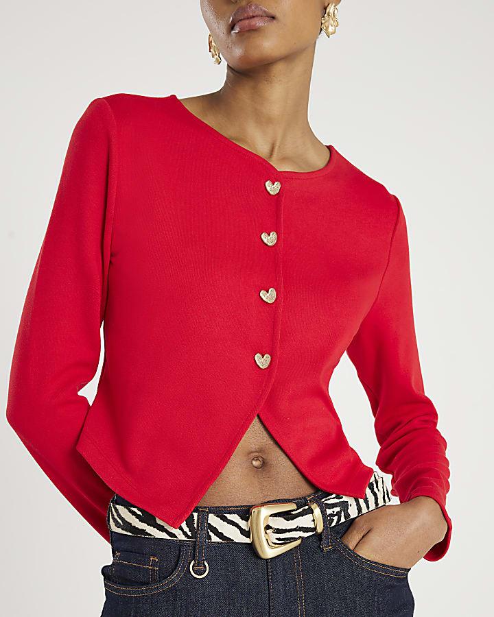 River Island Red Long Sleeve Cropped Heart Cardigan