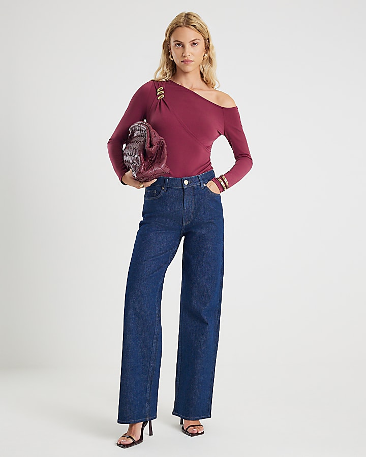 River Island Red Long Sleeve Gold Detail Asymmetric Top