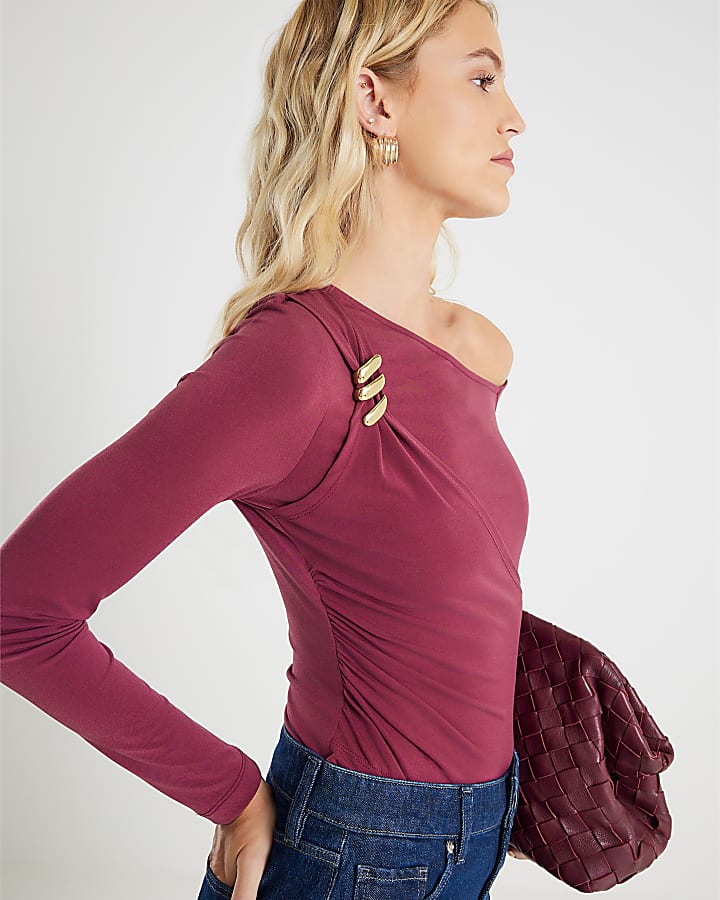 River Island Red Long Sleeve Gold Detail Asymmetric Top