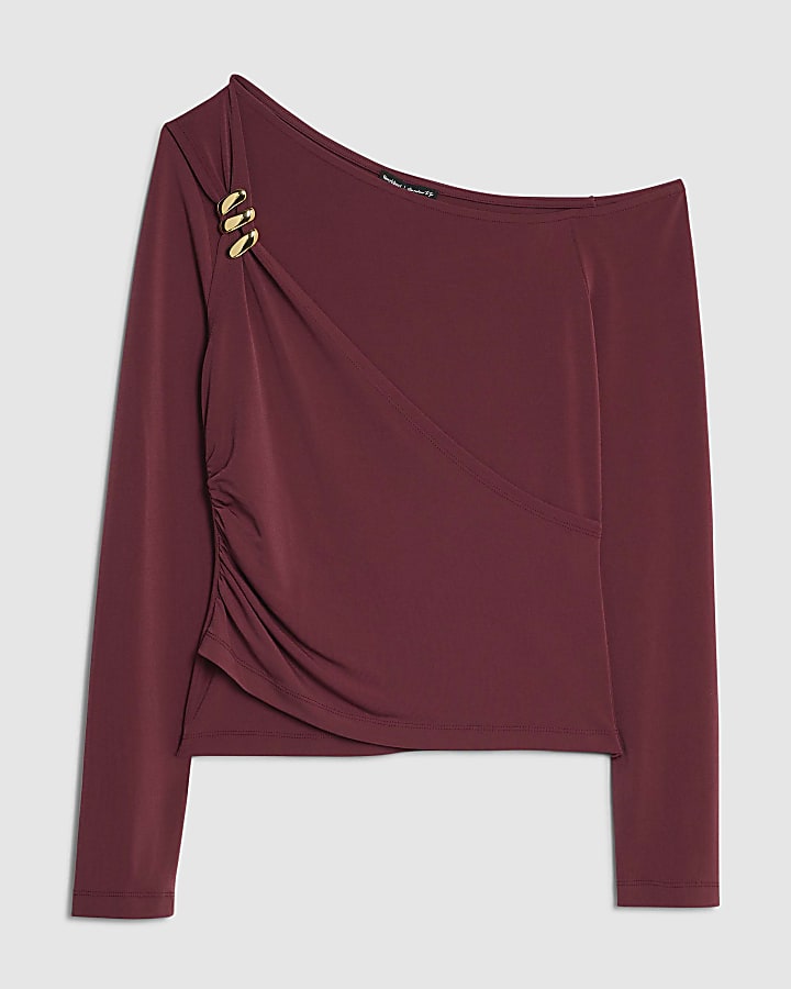 river island Red Long Sleeve Gold Detail Asymmetric Top