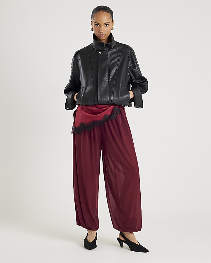 River Island Red Mesh Tie Waist Balloon Leg Trousers